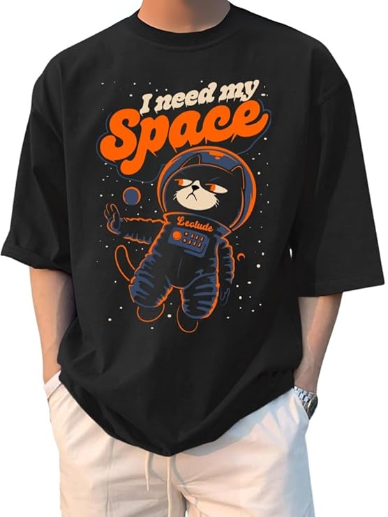 LEOTUDE Half Sleeve Oversized Cottonblend Round Neck Drop Shoulder Printed Men's T-Shirt (Color Black)